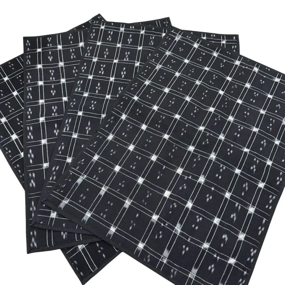 Crate & Barrel Placemats Black Cotton Checkered Pique Woven Rectangle X4 NEW